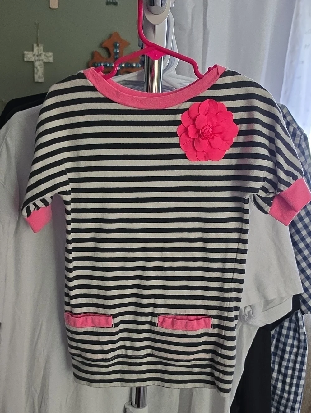 Carter's Black & White Striped Top with Pink Accents and Flower